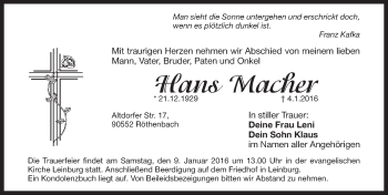 Traueranzeige von Hans Macher von Pegnitz-Zeitung
