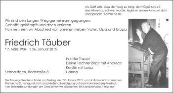 Traueranzeige von Friedrich Täuber von Pegnitz-Zeitung