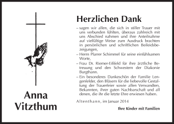 Traueranzeige von Anna Vitzthum von Der Bote