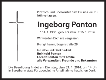 Traueranzeige von Ingeborg Ponton von Der Bote