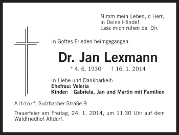 Traueranzeige von Jan Lexmann von Der Bote