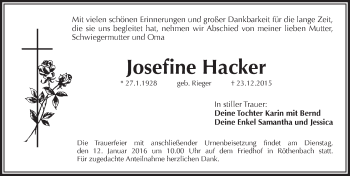 Traueranzeige von Josefine Hacker von Pegnitz-Zeitung