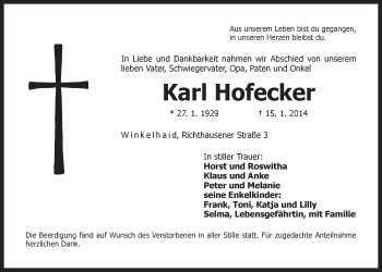 Traueranzeige von Karl Hofecker von Der Bote