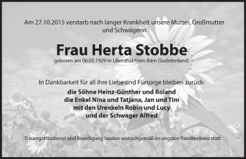 Traueranzeige von Herta Stobbe von Hersbrucker Zeitung