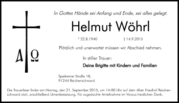 Traueranzeige von Helmut Wöhrl von Hersbrucker Zeitung