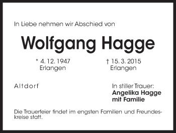 Traueranzeige von Wolfgang Hagge von Der Bote