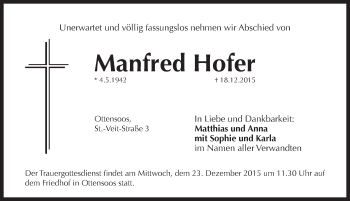 Traueranzeige von Manfred Hofer von Pegnitz-Zeitung