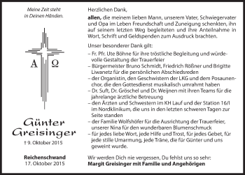 Traueranzeige von Günter Greisinger von Hersbrucker Zeitung