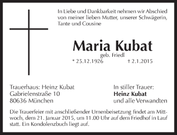 Traueranzeige von Maria Kubat von Pegnitz-Zeitung
