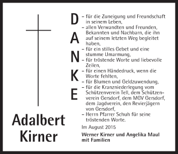 Traueranzeige von Adalbert Kirner von Der Bote
