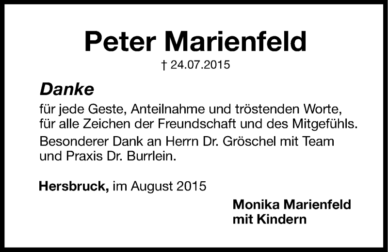  Traueranzeige für Peter Marienfeld vom 04.08.2015 aus Hersbrucker Zeitung