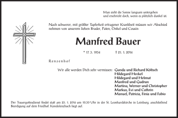 Traueranzeige von Manfred Bauer von Der Bote
