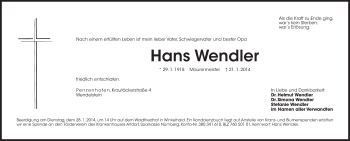 Traueranzeige von Hans Wendler von Der Bote