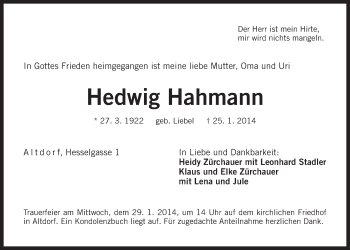 Traueranzeige von Hedwig Hahmann von Der Bote