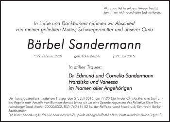 Traueranzeige von Bärbel Sandermann von Pegnitz-Zeitung