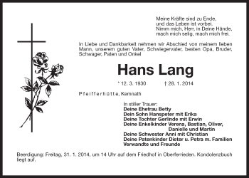 Traueranzeige von Hans Lang von Der Bote