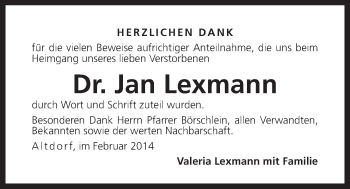 Traueranzeige von Jan Lexmann von Der Bote
