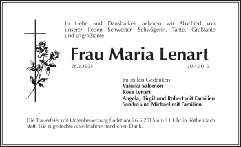 Traueranzeige von Maria Lenart von Pegnitz-Zeitung