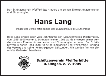 Traueranzeige von Hans Lang von Der Bote