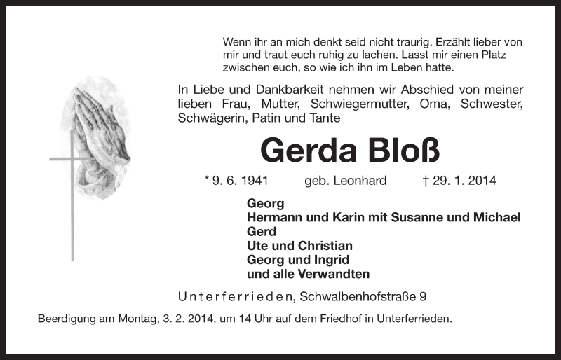  Traueranzeige für Gerda Bloß vom 31.01.2014 aus Der Bote