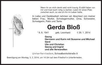 Traueranzeige von Gerda Bloß von Der Bote
