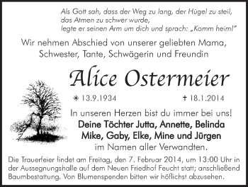 Traueranzeige von Alice Ostermeier von Der Bote