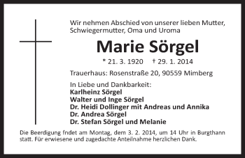 Traueranzeige von Marie Sörgel von Der Bote