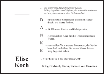 Traueranzeige von Elise Koch von Der Bote