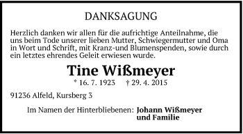 Traueranzeige von Tine Wißmeyer von Hersbrucker Zeitung