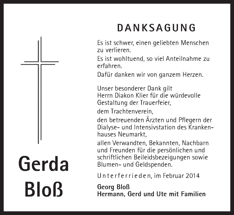  Traueranzeige für Gerda Bloß vom 08.02.2014 aus Der Bote