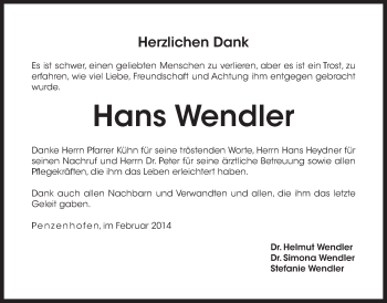 Traueranzeige von Hans Wendler von Der Bote
