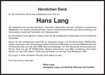 Traueranzeige von Hans Lang von Der Bote