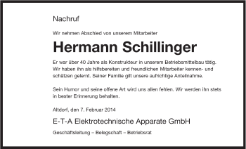 Traueranzeige von Hermann Schillinger von Der Bote