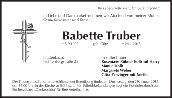 Traueranzeige von Babette Truber von Pegnitz-Zeitung