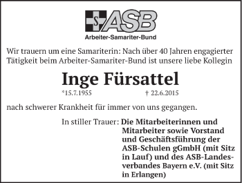 Traueranzeige von Inge Fürsattel von Hersbrucker Zeitung
