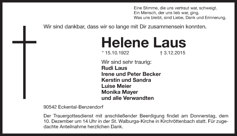  Traueranzeige für Helene Laus vom 08.12.2015 aus Pegnitz-Zeitung
