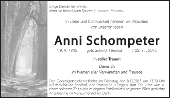 Traueranzeige von Anni Schompeter von Hersbrucker Zeitung