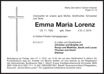 Traueranzeige von Emma Maria Lorenz von Der Bote
