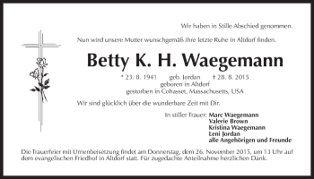 Traueranzeige von Betty K. H. Waegemann von Der Bote