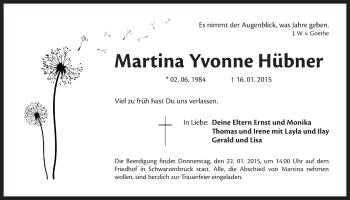 Traueranzeige von Martina Yvonne Hübner von Der Bote