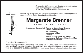 Traueranzeige von Margarete Brenner von Der Bote