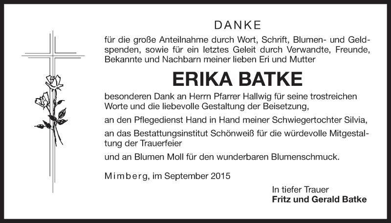  Traueranzeige für Erika Batke vom 23.09.2015 aus Der Bote