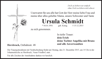 Traueranzeige von Ursula Schmidt von Hersbrucker Zeitung