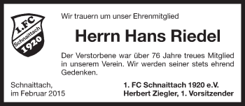 Traueranzeige von Hans Riedel von Pegnitz-Zeitung
