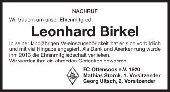 Traueranzeige von Leonhard Birkel von Pegnitz-Zeitung