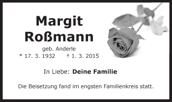 Traueranzeige von Margit Roßmann von Der Bote