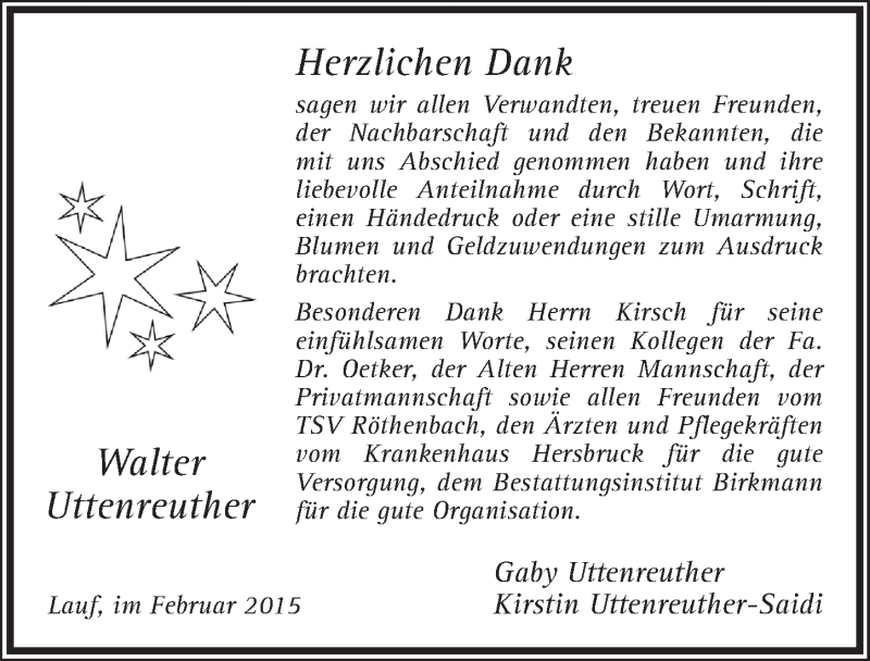  Traueranzeige für Walter Uttenreuther vom 07.02.2014 aus Pegnitz-Zeitung