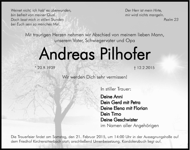  Traueranzeige für Andreas Pilhofer vom 18.02.2015 aus Hersbrucker Zeitung