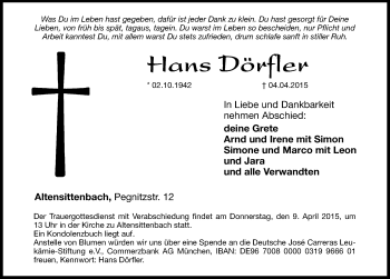 Traueranzeige von Hans Dörfler von Hersbrucker Zeitung