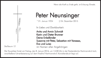 Traueranzeige von Peter Neunsinger von Hersbrucker Zeitung